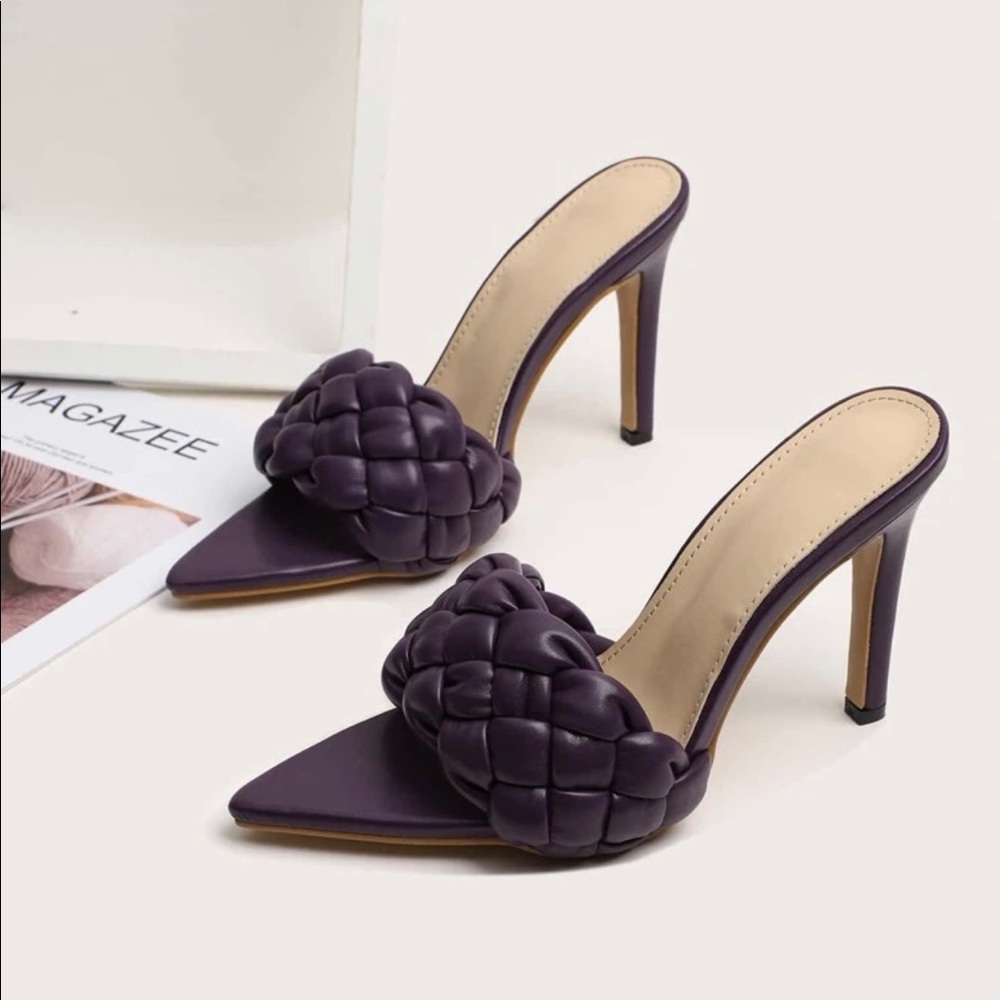 Braided Strap Pointed Toe High Heel Mules - Purple